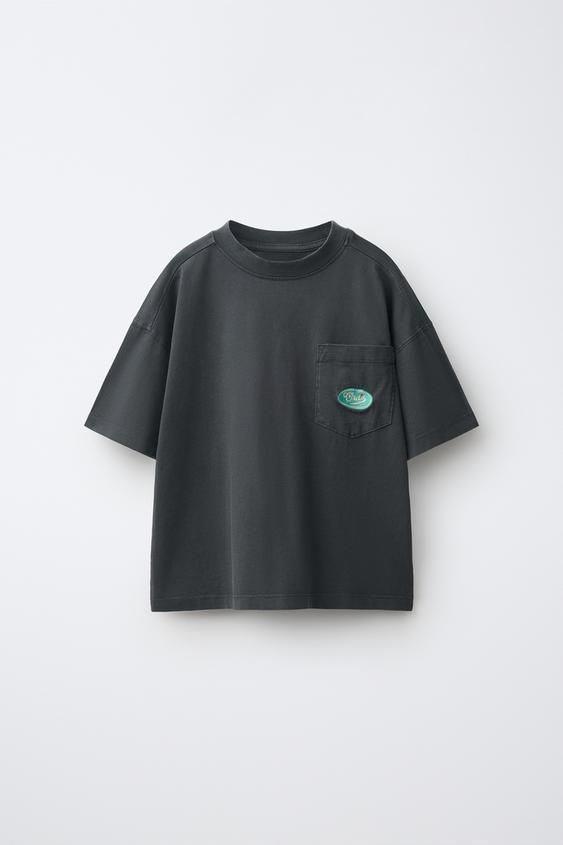 WASHED-EFFECT T-SHIRT WITH EMBROIDERED LOGO POCKET - Dark anthracite by Zara - Image 0