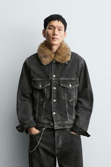 DENIM JACKET WITH FAUX FUR COLLAR - Charcoal by Zara