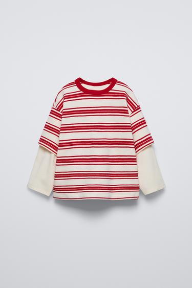 T-SHIRT WITH DOUBLE STRIPED SLEEVES - Ecru / Red by Zara - Image 0
