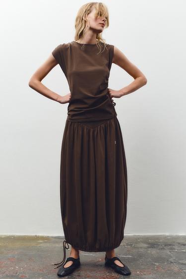 DRAWSTRING GATHERED T-SHIRT - Chocolate by Zara - Image 0