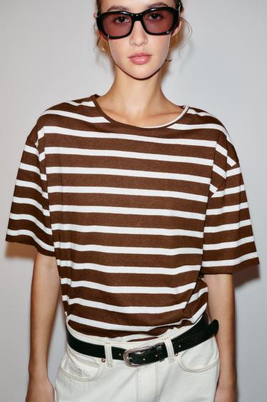 STRIPED SHORT SLEEVE T-SHIRT - Brown by Zara