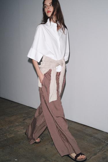 ZW COLLECTION STRIPED FLOWING TROUSERS - Ecru / Maroon by Zara