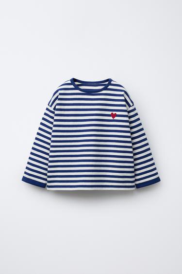 HEAVY WEIGHT WOVEN STRIPE T-SHIRT WITH HEART PATCH - Navy blue by Zara
