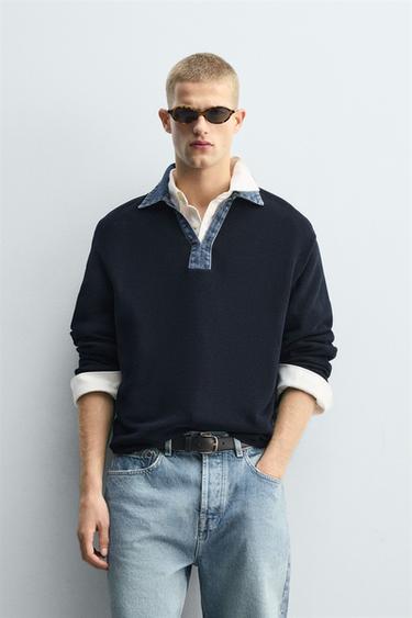 DENIM COLLAR COMBINATION KNIT POLO SHIRT - Navy blue by Zara