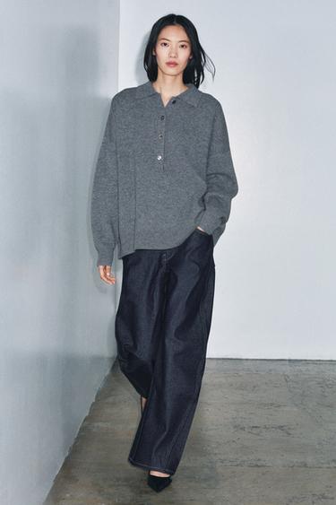 95% WOOL PLAIN KNIT POLO SHIRT - Grey by Zara