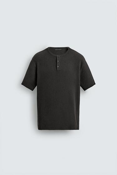 WASHED KNIT HENLEY T-SHIRT - Black by Zara
