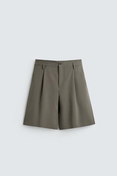 100% WOOL PLEATED BERMUDA SHORTS - LIMITED EDITION - Mid-green by Zara