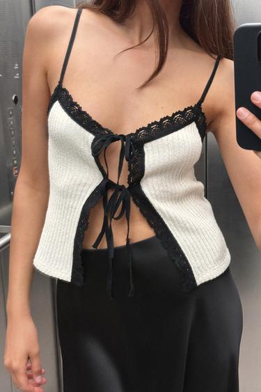 CONTRAST ROMANTIC TOP - Oyster-white by Zara