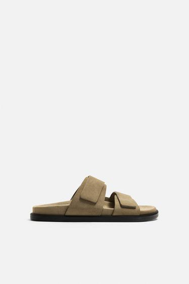 DOUBLE STRAP LEATHER SANDALS - Brown by Zara