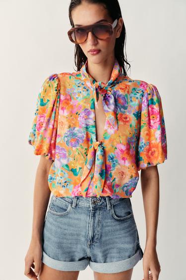 FLORAL PRINT BOW SHIRT - Multicoloured by Zara