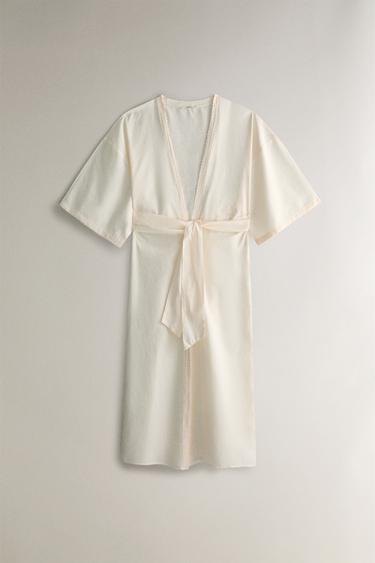 LACE AND COTTON DRESSING GOWN WITH SEAMS - Pink by Zara