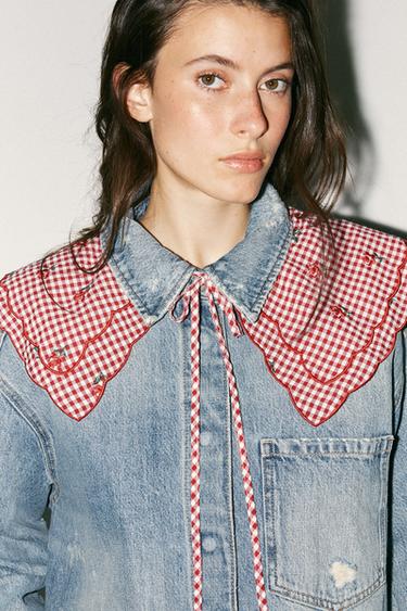 GINGHAM CHECK EMBROIDERED COLLAR - Red by Zara - Image 0