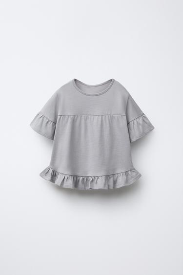 PLAIN T-SHIRT WITH RUFFLES - Pearl grey by Zara