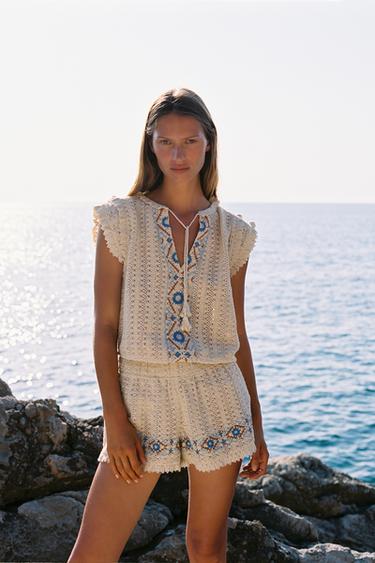 EMBROIDERED CROCHET SHORTS - Ecru by Zara