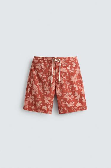 LONG FLORAL PRINT SWIMMING TRUNKS - Light red by Zara