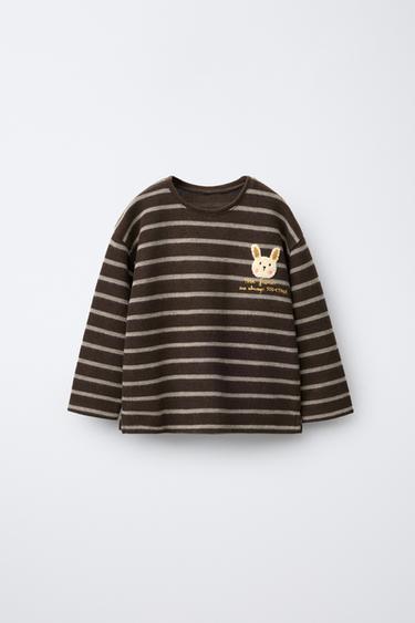 SOFT-TOUCH STRIPED T-SHIRT WITH TERRY BUNNY PATCH - Dark brown by Zara