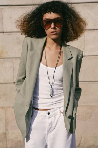 LINEN BLEND BLAZER WITH ROLLED-UP SLEEVES - Light khaki by Zara