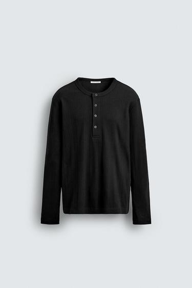TEXTURED BUTTON-UP COLLAR T-SHIRT - Black by Zara