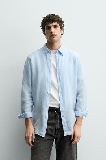 100% LINEN REGULAR FIT SHIRT - Sky blue by Zara