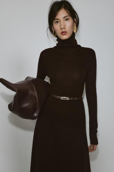100% WOOL HIGH NECK JUMPER WITH BELT - Chocolate by Zara