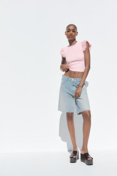 RIBBED T-SHIRT WITH RUFFLES - Pink by Zara