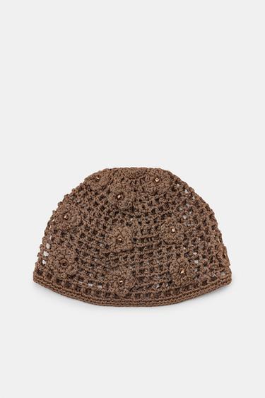 CROCHET BEADED FLORAL SKULLCAP - Dark tan by Zara