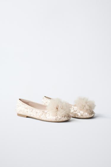 SEQUIN POMPOM BALLET FLATS - Ecru White by Zara