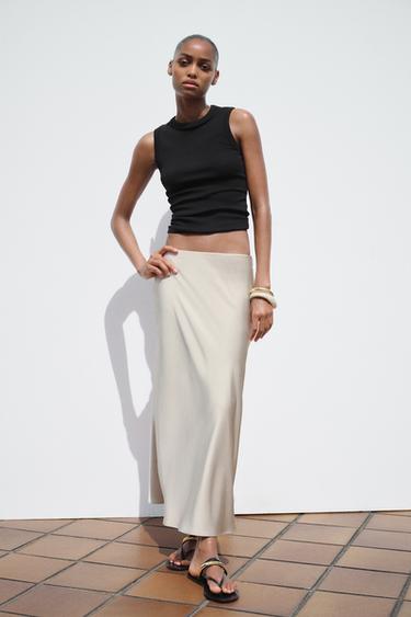 SATIN MIDI SKIRT - Grey / Beige by Zara