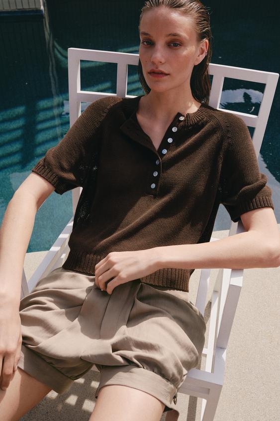 SHORT SLEEVE KNIT JUMPER WITH BUTTONS - Brown by Zara - Image 0