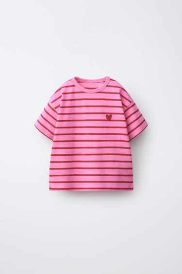 STRIPED T-SHIRT WITH EMBROIDERED HEART - Pink by Zara