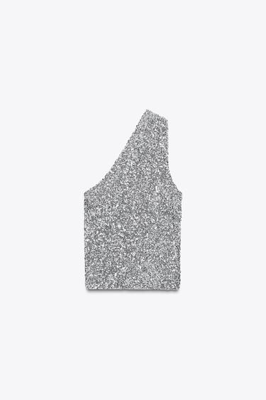 ASYMMETRIC SEQUIN TOP - Silver by Zara