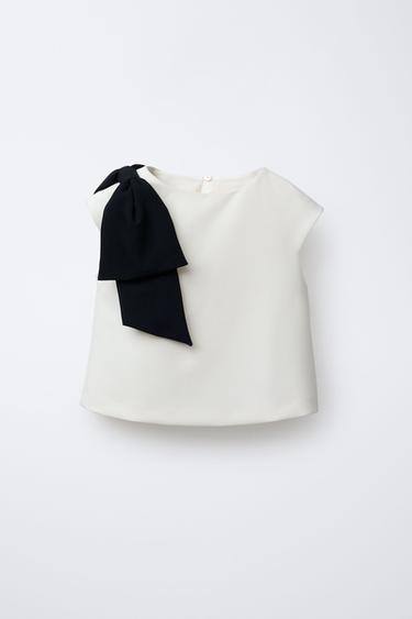 TOP WITH CONTRAST BOW - Ecru / Black by Zara