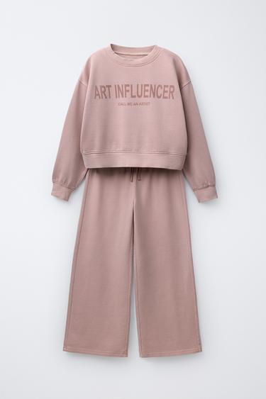 SLOGAN SWEATSHIRT AND WIDE-LEG TROUSERS SET - Pink by Zara