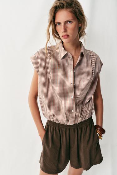 CROPPED GINGHAM SHIRT - brown/white by Zara