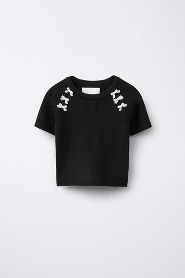 RIBBED T-SHIRT WITH BOWS - Black by Zara - Image 0