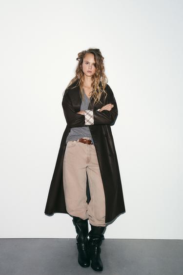 LONG WAXED CHECK TRENCH COAT - Dark brown by Zara