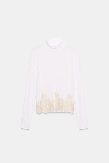 COMBINED LACE T-SHIRT - Oyster-white by Zara