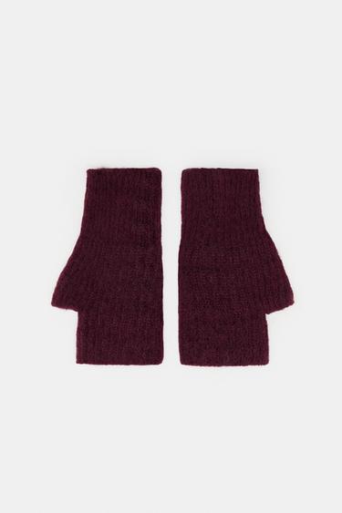 SHORT KNIT MITTENS - Burgundy by Zara