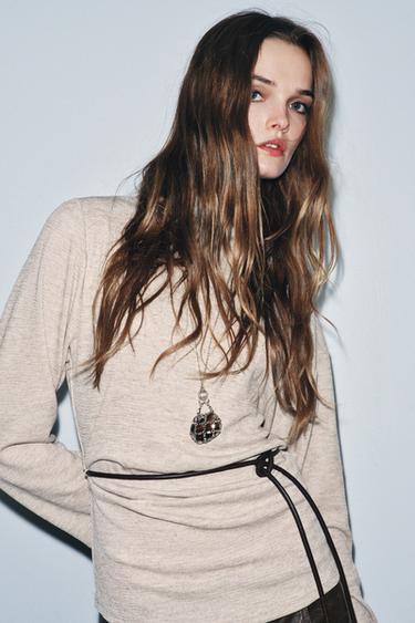 TEXTURED TOP WITH BELT - Beige marl by Zara