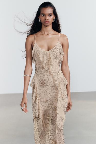 MIDI DRESS WITH RUFFLES AND SHIMMER - Beige-pink by Zara