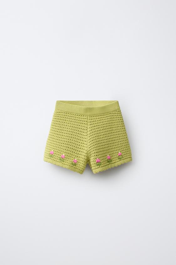 EMBROIDERED TULIP KNIT BERMUDA SHORTS - Light green by Zara - Image 0