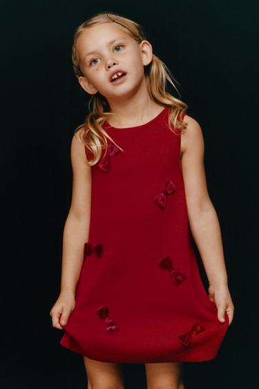 KNIT DRESS WITH VELVET BOWS - Red by Zara