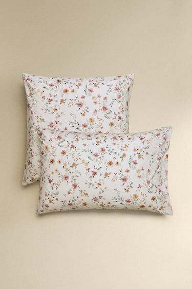 FLORAL COTTON PERCALE PILLOWCASE (200 THREAD COUNT) - Oyster-white by Zara