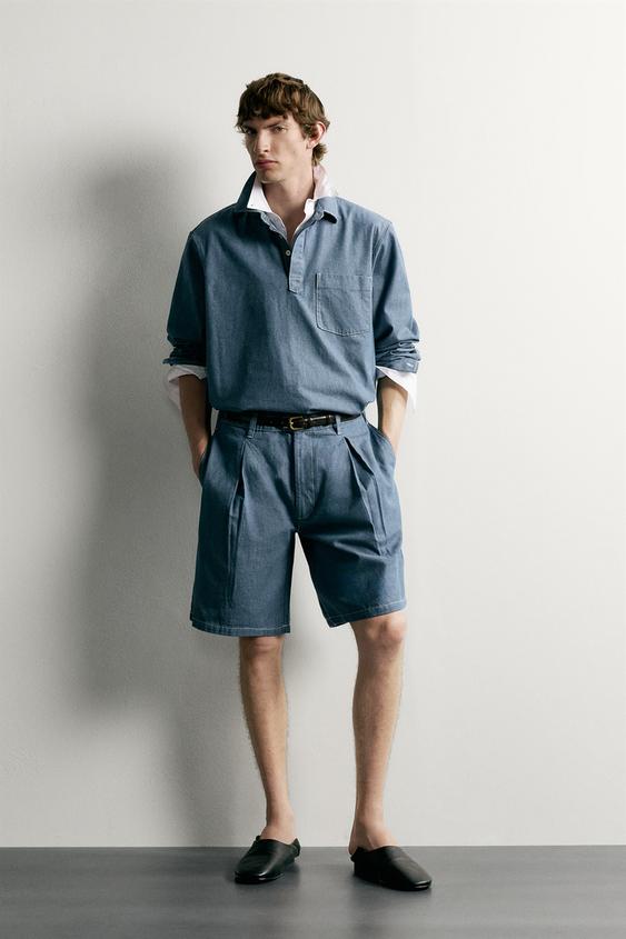 LIGHTWEIGHT PLEATED DENIM BERMUDA SHORTS - Blue by Zara - Image 0
