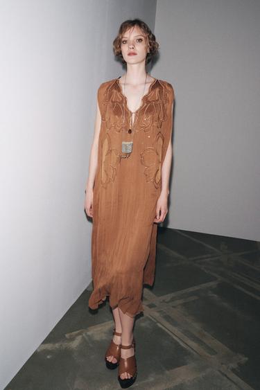 ZW COLLECTION GATHERED EMBROIDERED DRESS - Toffee by Zara