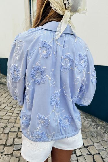 TEXTURED FLORAL EMBROIDERED SHIRT - Blue/White by Zara