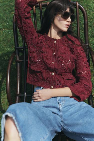 MACRAMÉ KNIT CARDIGAN - Burgundy by Zara - Image 0