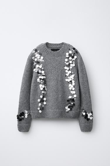 KNIT JUMPER WITH SEQUINS - Mid-grey by Zara