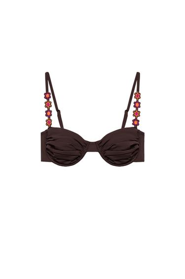 UNDERWIRED FLORAL BIKINI TOP - Brown by Zara