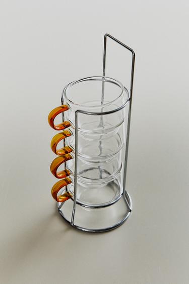 BOROSILICATE GLASS CUP TOWER WITH COLOURED HANDLE (SET OF 4) - Orange by Zara